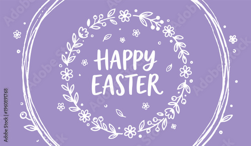 Happy Easter Greeting Card with Hand Drawn White Floral Wreath on Lavender Purple Background