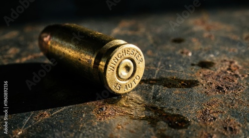 Spent Brass Bullet Cartridge on a Dark Rusty Surface with Water Droplets and Dramatic Shadows