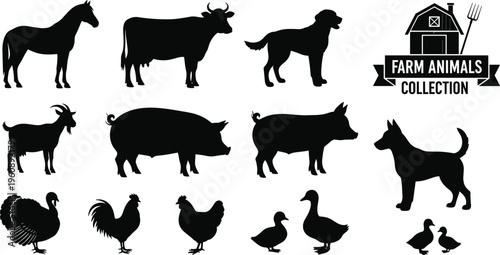 Black silhouettes of various farm animals and a barn horse