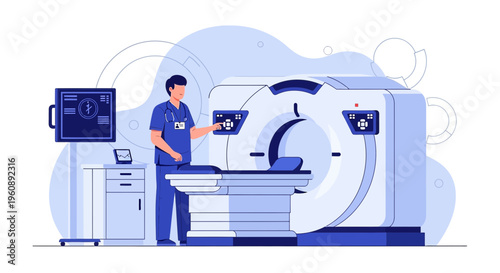 Radiologist Operating CT Scanner Machine for Medical Imaging in Hospital