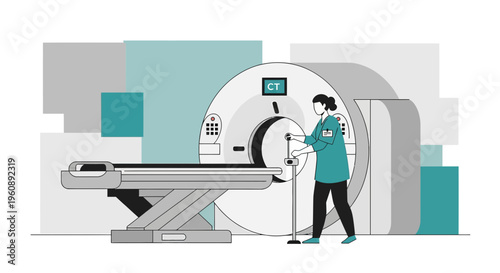 Radiologist Operating CT Scanner Machine for Patient Scan in Medical Clinic