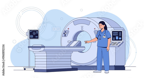 Radiologist operating CT scanner machine with patient bed in clinic, medical technology concept