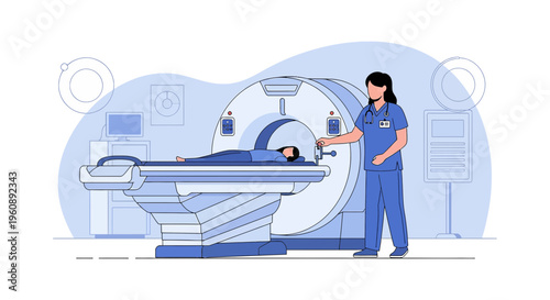 Radiologist Operating CT Scanner Machine with Patient Lying on Bed