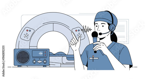 Radiologist Operating CT Scanner with Patient Communication Headset