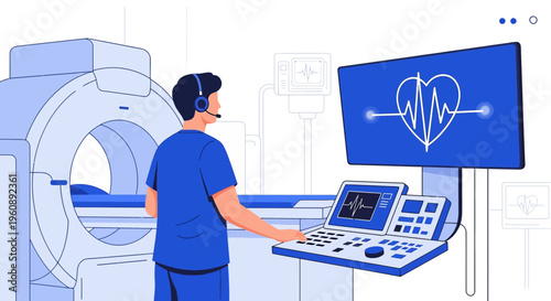 Radiologist Operating CT Scanner with Heartbeat Monitor Display