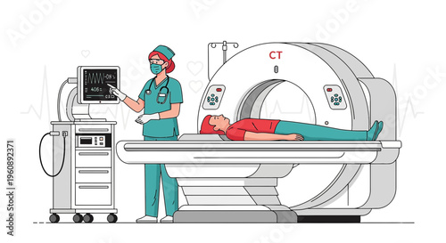 Radiologist operating CT scanner with patient lying on table for medical imaging scan