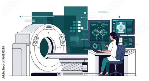 Radiologist operating CT scanner, medical imaging technology, patient scan, healthcare diagnostics