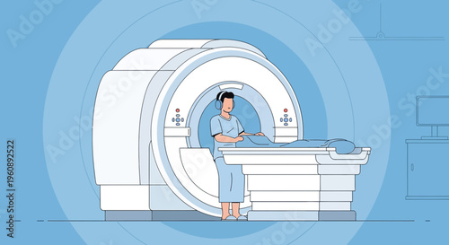 Radiologist Operating MRI Machine with Patient Lying Down, Medical Imaging Technology