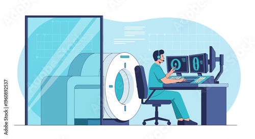 Radiologist Operating MRI Scanner and Analyzing Brain Scans on Computer