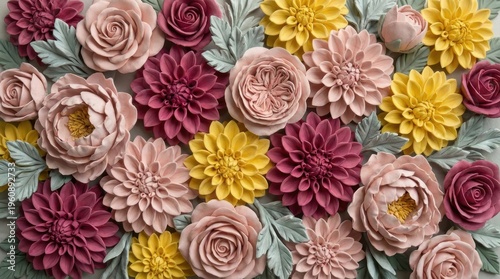 Colorful Floral Arrangement Featuring Roses, Dahlias, and Green Leaves in Soft Pastel Shades