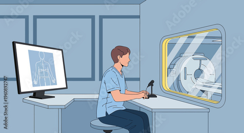 Radiologist Operating CT Scanner in Modern Medical Imaging Room