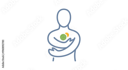 A person holding their stomach with a green and orange circle.