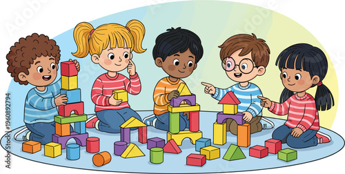 Diverse children playing with colorful building blocks, early childhood education, teamwork learning activity, creativity development, kindergarten kids fun, cognitive skills, friendship bonding