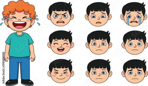 Cartoon Kid Character with Multiple Facial Expressions Featuring Laughing, Crying, Angry, Sad and Happy Emotions for Animation and Children Design.