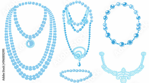 Collection of stylized blue jewelry illustrations, showcasing different necklace and bracelet designs