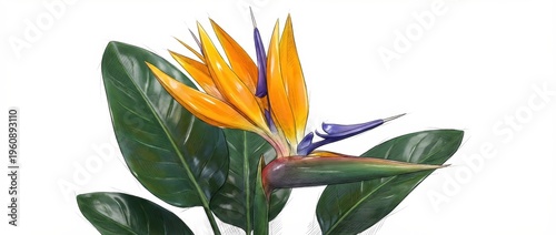 Vibrant Bird of Paradise Flower in Bloom Surrounded by Lush Green Leaves on a White Background