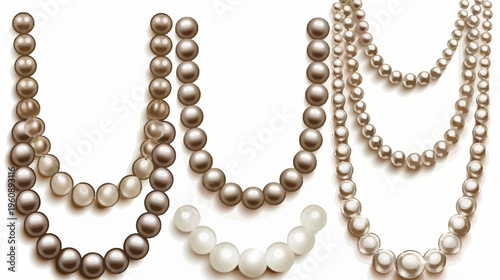 Artistic depiction of elegant pearl necklaces with various colors and layers against a white backdrop