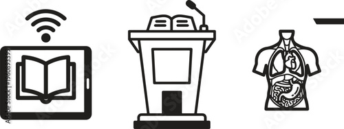 Education icons, wireless learning symbols, teaching tools vector