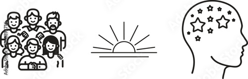Minimalist line icons, people, sunrise, and creative thinking, black and white vector graphics