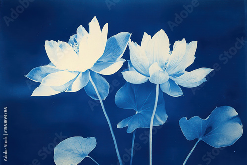 Cyanotype lotus blossoms with leaves on deep blue background