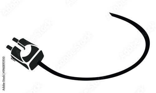 Black Electric Power Plug with Long Curved Cable Silhouette on White Background