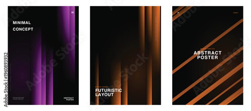 Minimalist poster design templates feature glowing neon light streaks sweeping across black backgrounds. This sleek abstract vector collection works beautifully for modern club flyers. 