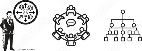 Business strategy, planning, teamwork icons, workflow management, organizational structure