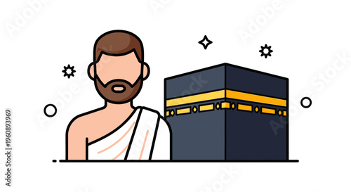 Hajj and Umrah Pilgrimage Illustration: Muslim Man in Ihram near Kaaba in Mecca. Flat Vector Icon for Islamic Religious Events, Eid al-Adha, and Spiritual Journey.