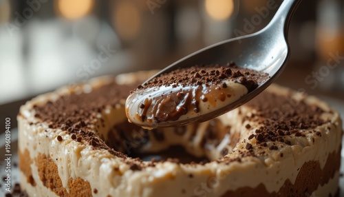 Closeup of a Chocolate Cake Slice with Spoon and Rich Cocoa Garnish in a Cozy Cafe Setting