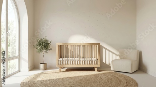 Minimalist Nursery with Wooden Crib and Cozy Atmosphere Bathed in Natural Light