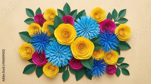 Colorful Paper Flowers Arrangement with Yellow, Blue, Pink Flowers and Green Leaves on Beige Background