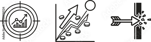 Business growth, finance, and success icons, vector set, black and white