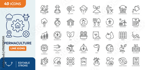 Permaculture icon set. Contain icons related to ecological, organic, nature, permaculture, agriculture, planning, fertilizer, farmer, and more. editable stroke. Vector illustation