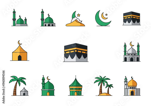 Islamic Hajj and Umrah Pilgrimage Icon Set Featuring Kaaba, Mosques, and Crescent Moon Elements for Ramadan and Eid Al-Adha Vector Illustration