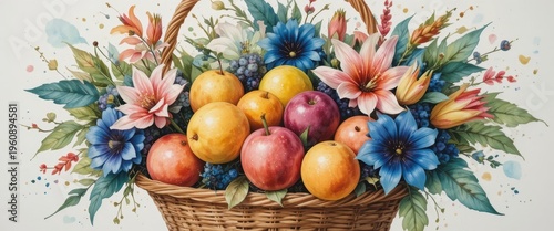 Vibrant Floral Arrangement with Fresh Fruits in a Woven Basket Surrounded by Colorful Flowers