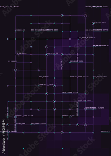 Cyber network poster design templates showcase purple glowing grid lines and digital data nodes. A futuristic vector illustration layout tailored for technology branding or sci-fi covers. 