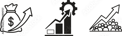 Business growth icons, finance symbols, investment graphics, money bag, chart, gear