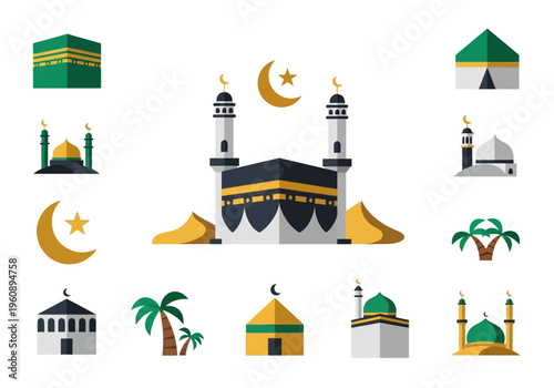Islamic Hajj and Umrah Vector Icon Set with Kaaba, Mosques, Crescent Moon, and Palm Trees