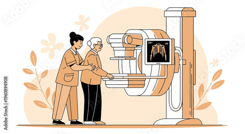 Radiologist Assists Elderly Woman During Mammogram Screening for Breast Cancer Detection