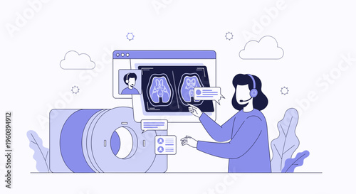 Radiologist consulting online with patient about CT scan results on screen