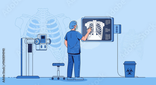 Radiologist examining chest X-ray on screen, medical equipment in clinic
