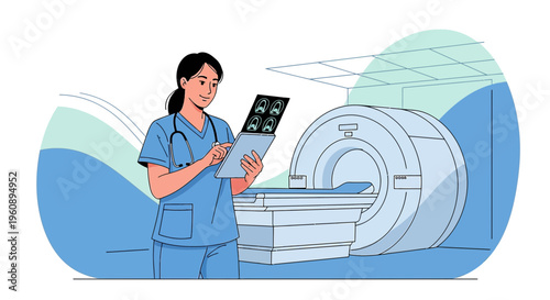 Radiologist examining MRI scans next to a modern MRI machine in a hospital