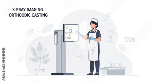 Radiologist examining X-ray image of bone fracture on screen, orthodic casting concept