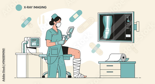 Radiologist examining leg X-ray with patient in cast, medical equipment, healthcare concept