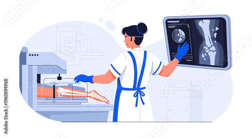 Radiologist examining X-ray scan of leg bone and patient in medical equipment