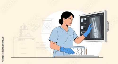Radiologist examining X-ray of broken bone on screen, medical professional in clinic