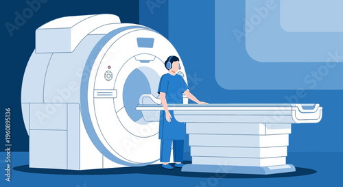 Radiologist in headphones near MRI machine, medical imaging technology, patient examination