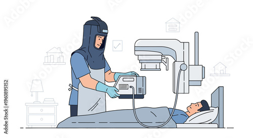 Radiologist in protective gear performs medical scan on patient lying in bed