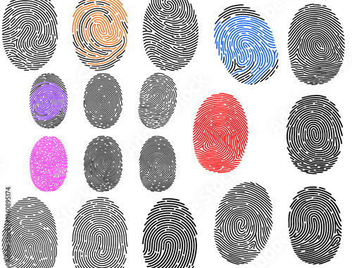 Collection of fingerprint icons for detective work. Ten different thumbprint patterns with detailed ridges