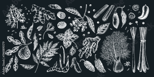 Vintage spices and herbs sketches collection on chalkboard. Hand drawn engraving food ingredients set in engraved style. NOT AI generated